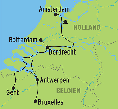 Kort over forårskrydstogtet i Belgien og Holland